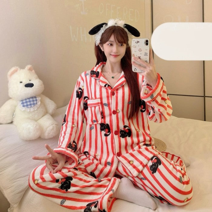 Winter Pajamas Lapel Neck Women's Pajamas Long Sleeve Kawaii Dog Warm Sleepwear Harajuku Style Cute Casual Pajamas Two-Piece