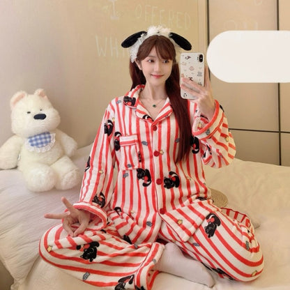 Winter Pajamas Lapel Neck Women's Pajamas Long Sleeve Kawaii Dog Warm Sleepwear Harajuku Style Cute Casual Pajamas Two-Piece