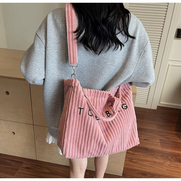 Large Capacity Striped Velvet Handbag Shoulder Bag for Woman Handbags Crossbody Bags, Versatile Letter Corduroy Women's Tote Bag