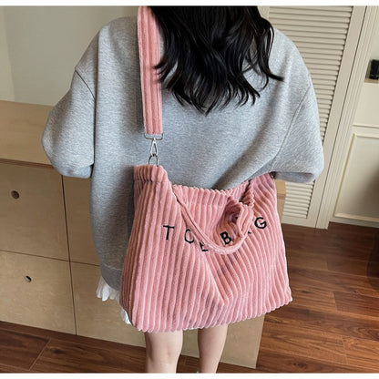 Large Capacity Striped Velvet Handbag Shoulder Bag for Woman Handbags Crossbody Bags, Versatile Letter Corduroy Women's Tote Bag
