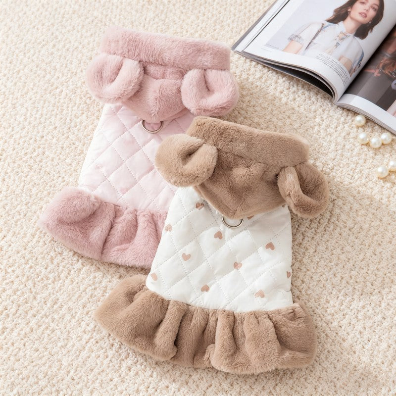 Casaco de Inverno Quente para Cães Vestido Fofo Roupas Macias para Cães Moda Algodão Casaco de Cachorro com Estampa de Coração Casaco para Gatos Bichon Fantasia para Pets