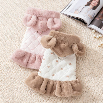 Casaco de Inverno Quente para Cães Vestido Fofo Roupas Macias para Cães Moda Algodão Casaco de Cachorro com Estampa de Coração Casaco para Gatos Bichon Fantasia para Pets