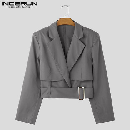 Fashion Well Fitting Tops INCERUN New Men Deconstruct Metal Buckle Suit Coat Casual Streetwear Cropped Long Sleeved Blazers 2025