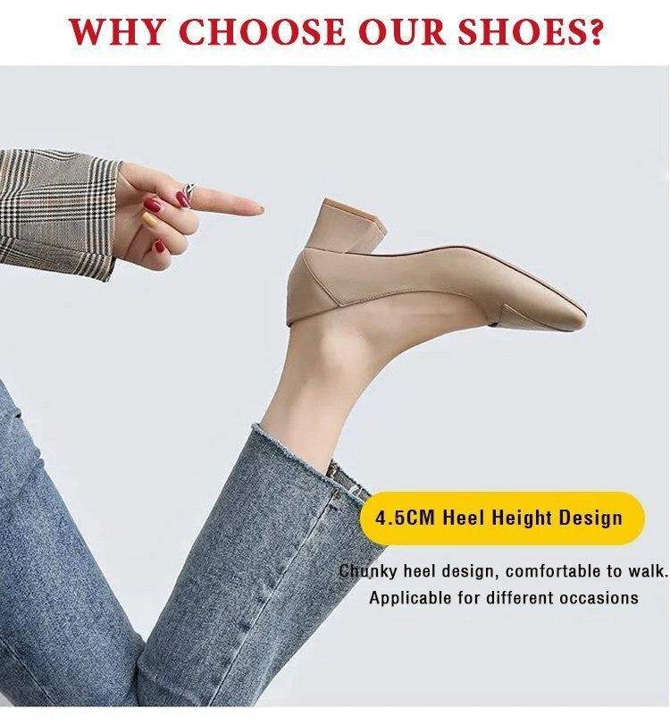 Four Seasons Shoes Soft Bottom Middle-aged Women's Shoes Chunky Heeled Mom Shoes Comfortable Casual Work Leather Shoes