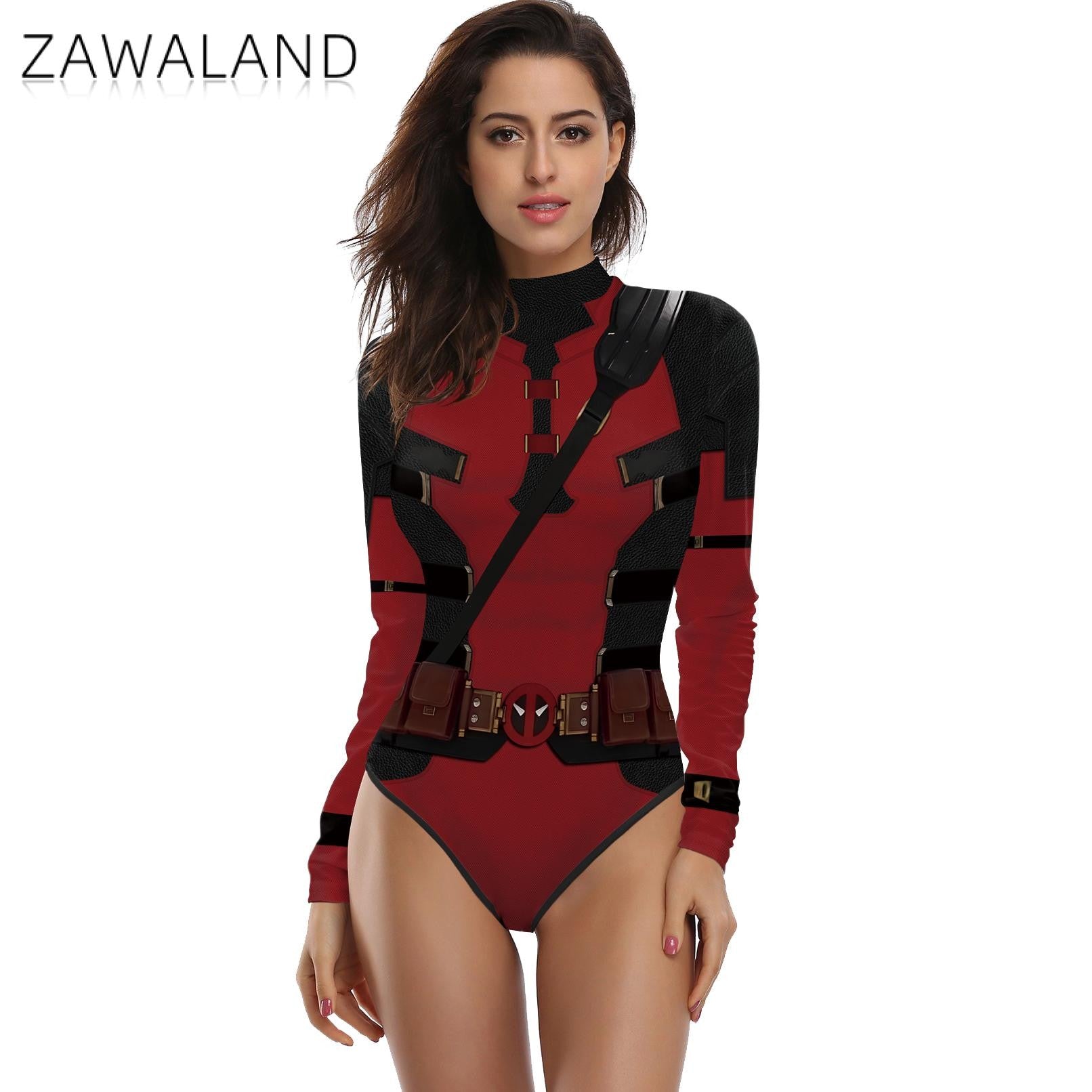 Zawaland Adult Superhero Deadpool Wolverine Print Long Sleeve Party Jumpsuit Cosplay Costume Halloween Party Zentai Bodysuit