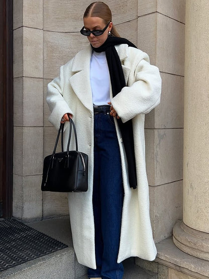 Elegant White Lapel Woolen Long Coat Women Fashion Full Sleeve Single-breasted Warm Loose Coats Lady Winter Commute Street Wear