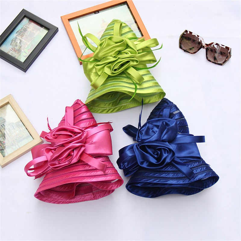 Chapéus de Sol de Organza Femininos Elegantes Chapéu Bucket para Mulheres Chapéu de Festa de Casamento na Igreja Chapéu Fedora Floral Grande de Aba Larga da Moda de Verão
