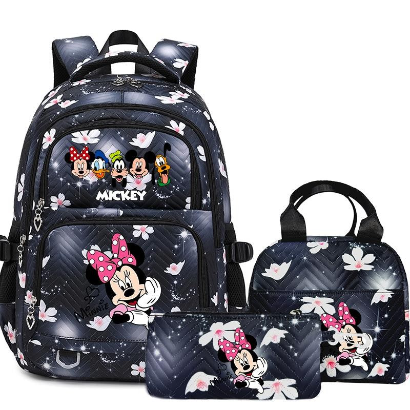 Mochila Mickey Minnie 3 Peças para Meninas e Meninos com Lancheira e Estojo, Mochila Escolar Fofa para Ensino Fundamental e Médio, Presente de Natal
