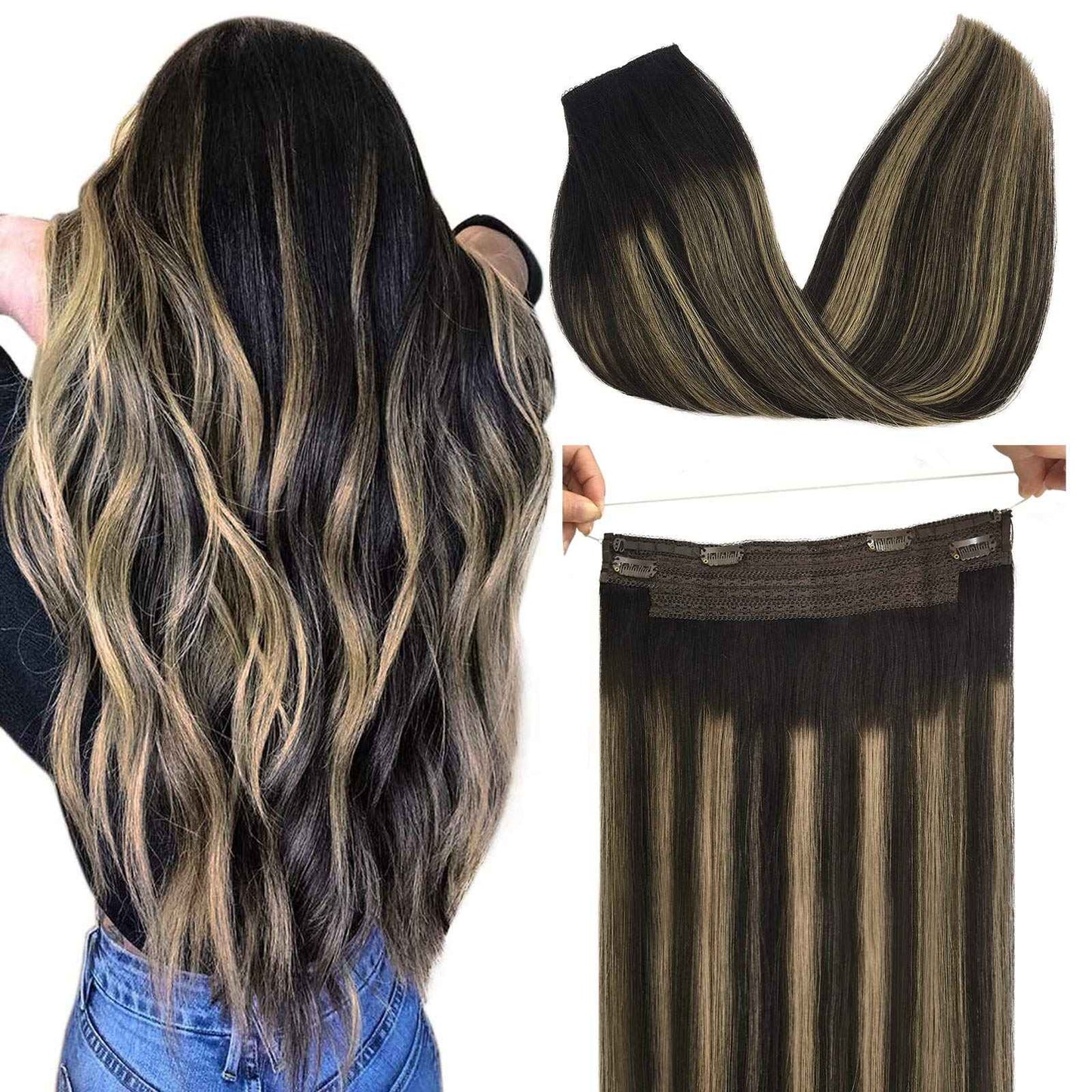 Cabelo Humano Liso de Extensão com Fio para Mega Hair, Linha de Pesca, Fusão Natural de Extensões de Cabelo com Clipes, Trama de Extensões para Mulheres