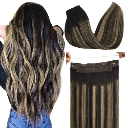 Cabelo Humano Liso de Extensão com Fio para Mega Hair, Linha de Pesca, Fusão Natural de Extensões de Cabelo com Clipes, Trama de Extensões para Mulheres