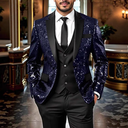 Shiny Sequin Tuxedo Jacket for Men - Royal Blue & Gold Gradient, Black Lapel, Formal Party/Wedding/Stage Wear? Coat.