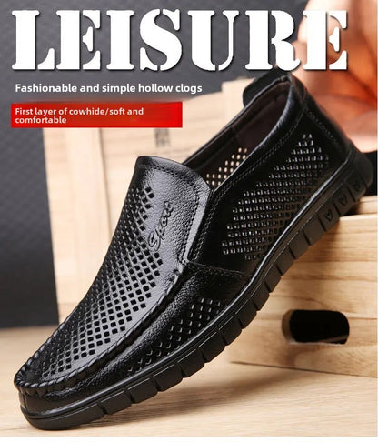 Plus Size Breathable Hollow Out Leather Sandals For Men Summer Comfortable Slip-Ons With Gap Between The Shoes And The Ground