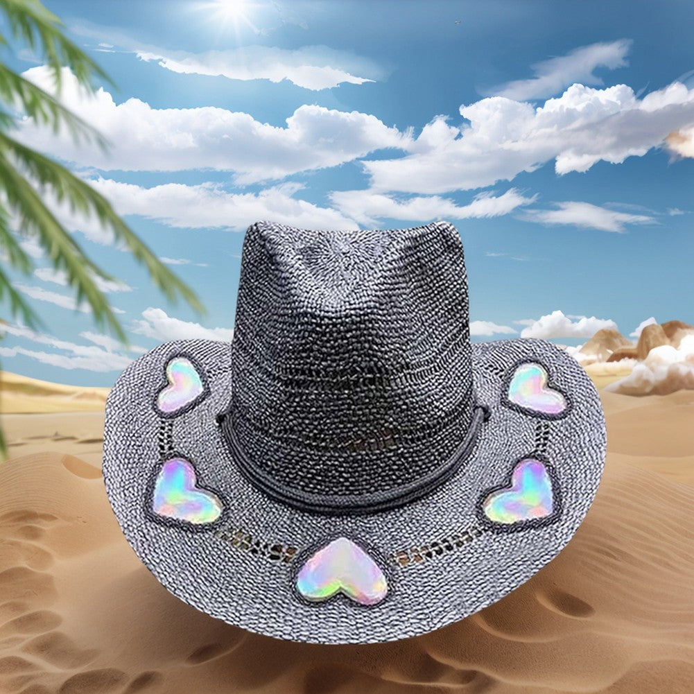 Suncatcher Chapéu de Sol com Estampa de Vaca e Palha, Chapéu de Palha Trançado à Mão, Chapéu de Cowboy com Aba Larga Modelável, Chapéu Arco-Íris, Chapéu de Sol de Verão para Praia para Mulheres