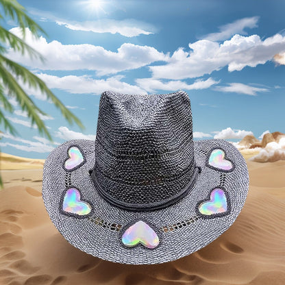 Suncatcher Chapéu de Sol com Estampa de Vaca e Palha, Chapéu de Palha Trançado à Mão, Chapéu de Cowboy com Aba Larga Modelável, Chapéu Arco-Íris, Chapéu de Sol de Verão para Praia para Mulheres