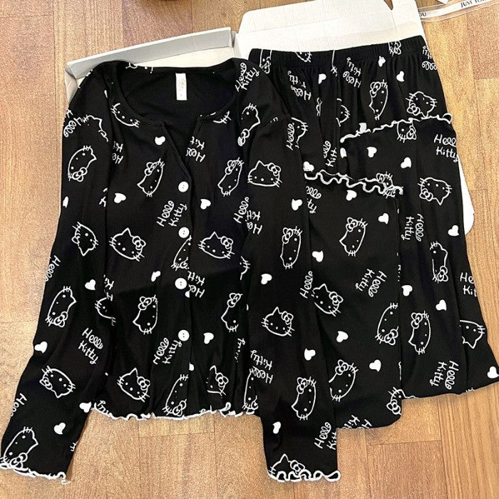 New Women Hello Kitty Pajamas Set Long Sleeve V-Neck Cardigan and Pants Cute Cartoon Homewear Sleepwear Loungewear Spring Autumn