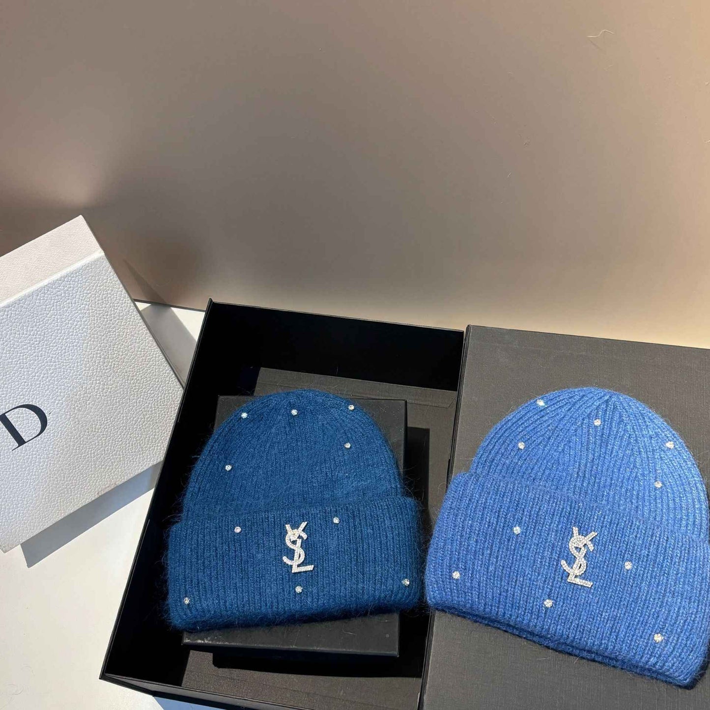 Rhinestone Decor Rabbit Fur Knitted Hat Warm Ear Flap Beanie for Women Luxury Soft Slouchy Cap Face Slimming Design