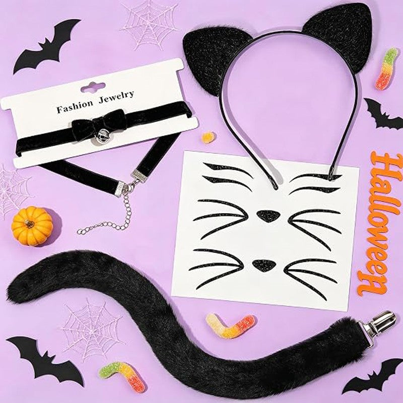 Cat Ears Headband and Tail Bell Collar Set, Cat Costumes for Women Black Cat Ears and Tail Set, Cat Costume Accessories Halloween Party Cosplay Costumes Set for Adults Women
