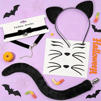 Cat Ears Headband and Tail Bell Collar Set, Cat Costumes for Women Black Cat Ears and Tail Set, Cat Costume Accessories Halloween Party Cosplay Costumes Set for Adults Women