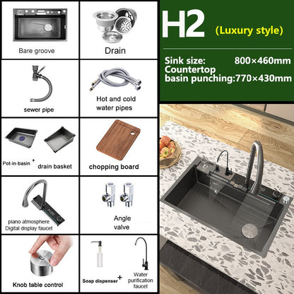 Stainless Steel kitchen Sink With Waterfall Golden Large Single Slot Multifunctional Digital Display Sinks 100*50CM