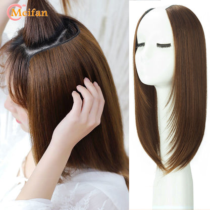 MEIFAN Peruca Sintética Longa e Lisa em U com Meia Cabeça para Mulheres, Clipes Pretos e Castanhos em Extensão de Cabelo, Apliques Naturais e Falsos