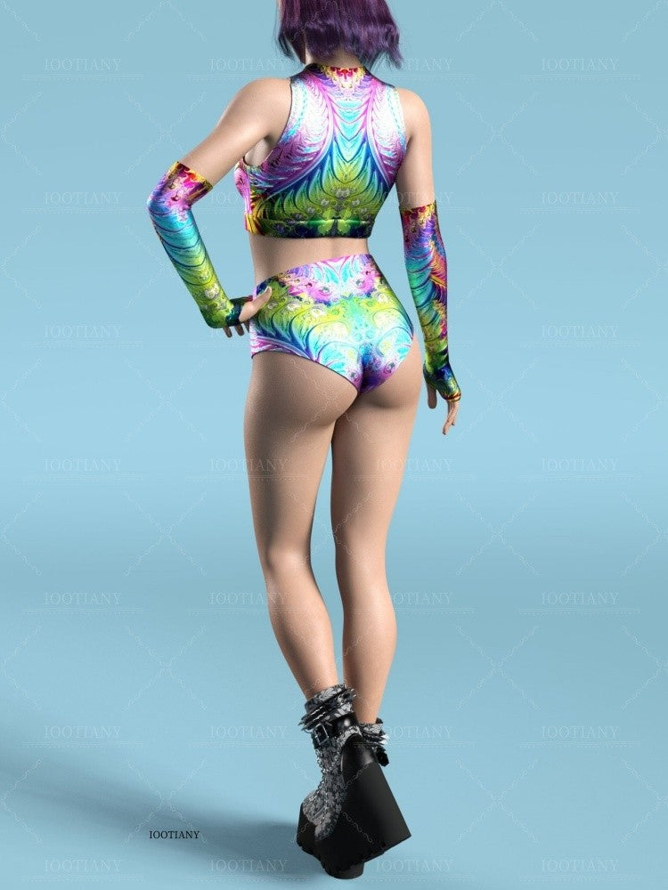 Adult Summer Role Play Bodysuit Women Sexy Hollow Sleeveless Blue Graffiti Art Swimsuit Carnival Party Stage Performance Clothes