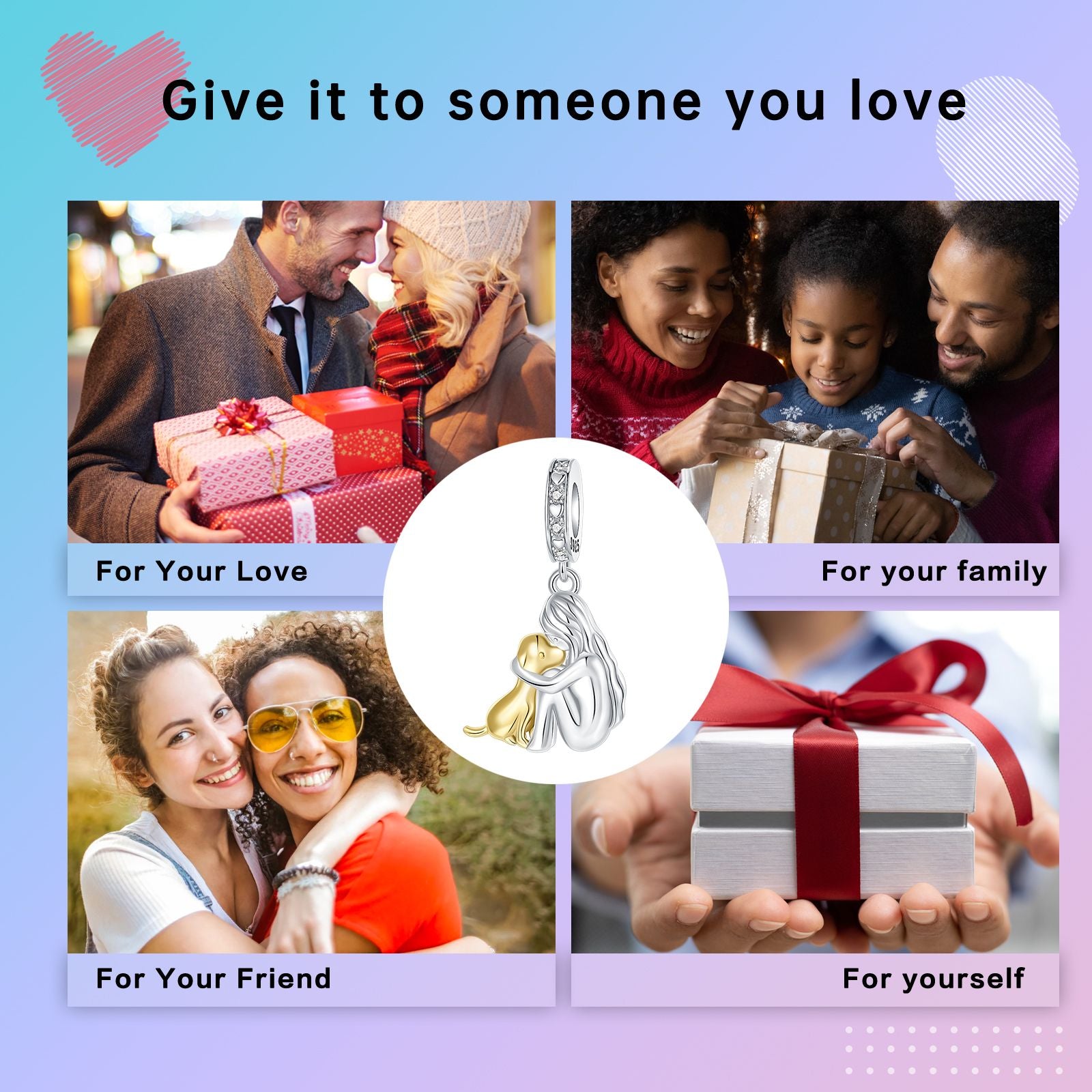 Girl & Dog Hugging Dangle Charm S925 Sterling Silver Two tone pendants Fit Original Bracelet Making Pet Lovers’ Bracelet Gift