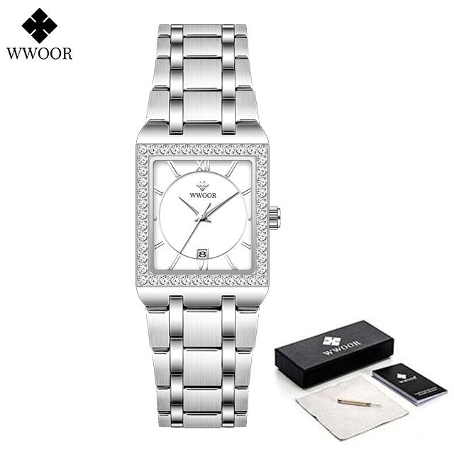 WWOOR Top Brand Luxury New Ladies Diamond Watch Fashion Square lady Wrist Watch Simple Women Dress Small Watch Relogio Feminino