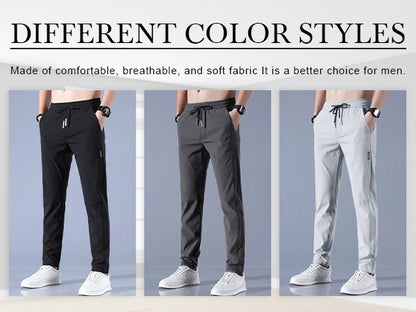 Men Fast Dry Stretch Pants Ice Silk Trousers Solid Color Mid-Waist Loose Breathable Straight-Leg Casual Pants Thin Sports Pants