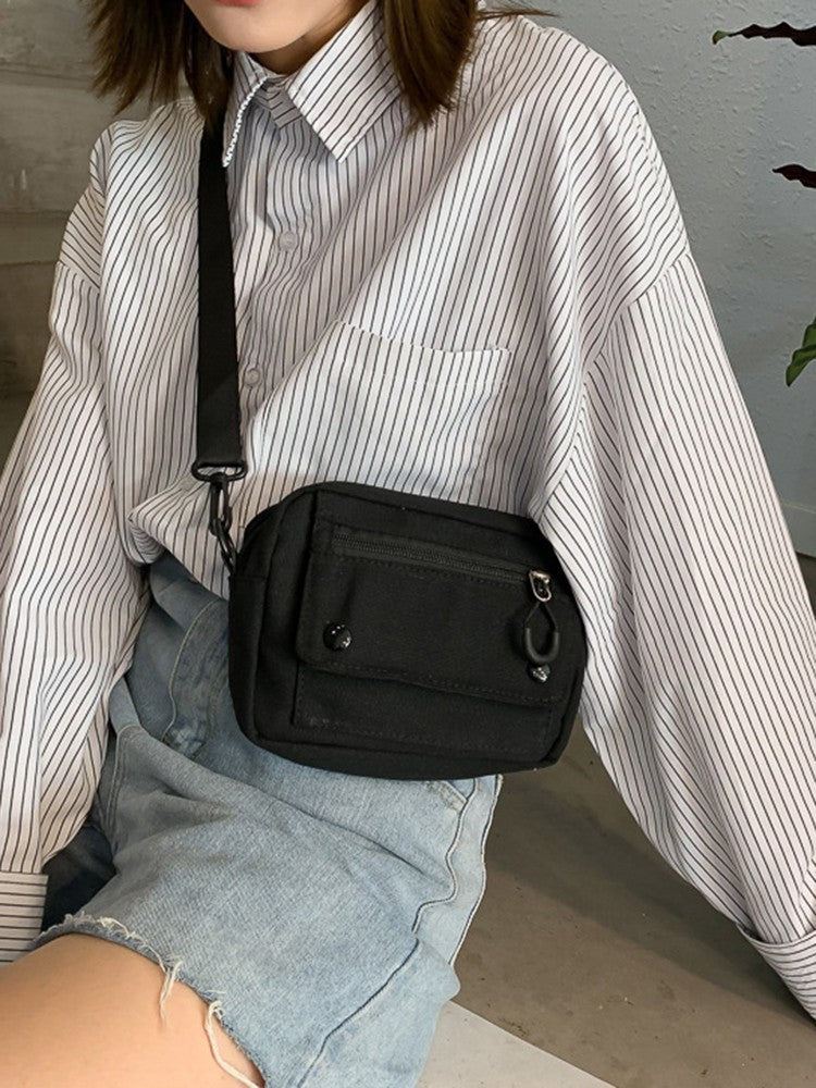 Women Canvas Handbags Korean Mini Student Bag Cell Phone Simple Small Crossbody Casual Ladies Zipper Shoulder Bag
