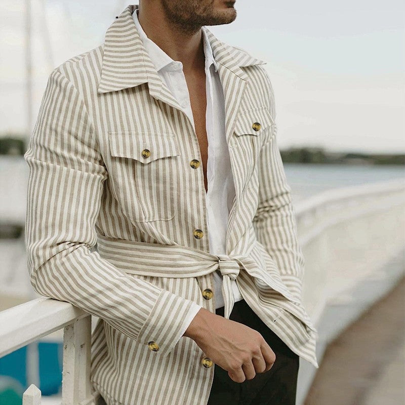 New 2025 Spring Autumn Men's Clothing Trend Striped Multi-pocket Men Cardigan Suit Jackets Business Casual Lace-up Coats for Men