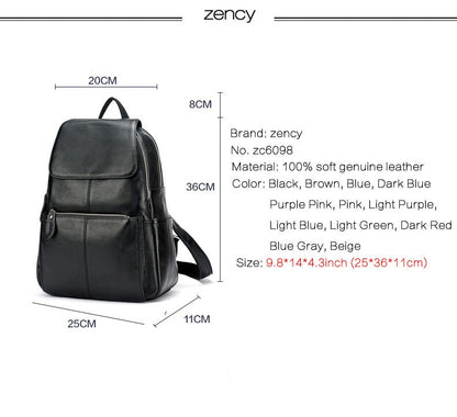 Zency Mochila Feminina Elegante Preta Branca Couro Genuíno Qualidade A++ Antifurto Grande Capacidade Mochila de Viagem Designer