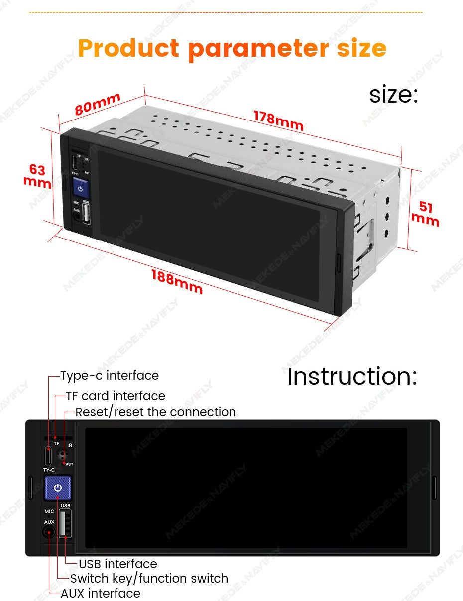 MEKEDE 6.86 Inch 1Din Carplay Android Auto Car Radio Multimedia Video MP5 Player With BT FM Stereo USB Type-C Plug Autoradio