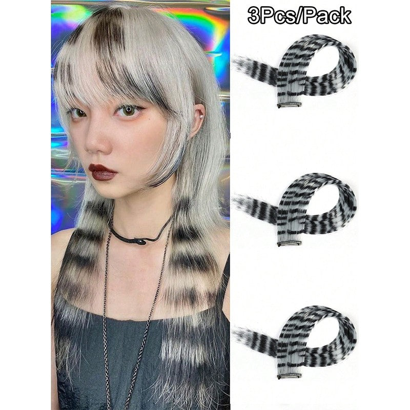 3Pcs Leopard Print Hair Extensions Synthetic Stripe Printed Hair Piece Colorful Long Straight Clip In Hair For Women Girls Party