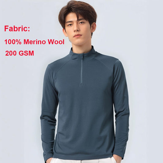 42% Merino Wool Base Layer Shirt Men 1/2 Zip Thermal Underwear Long Sleeve Shirts 210G Hiking Sports Breathable Wicking Moisture