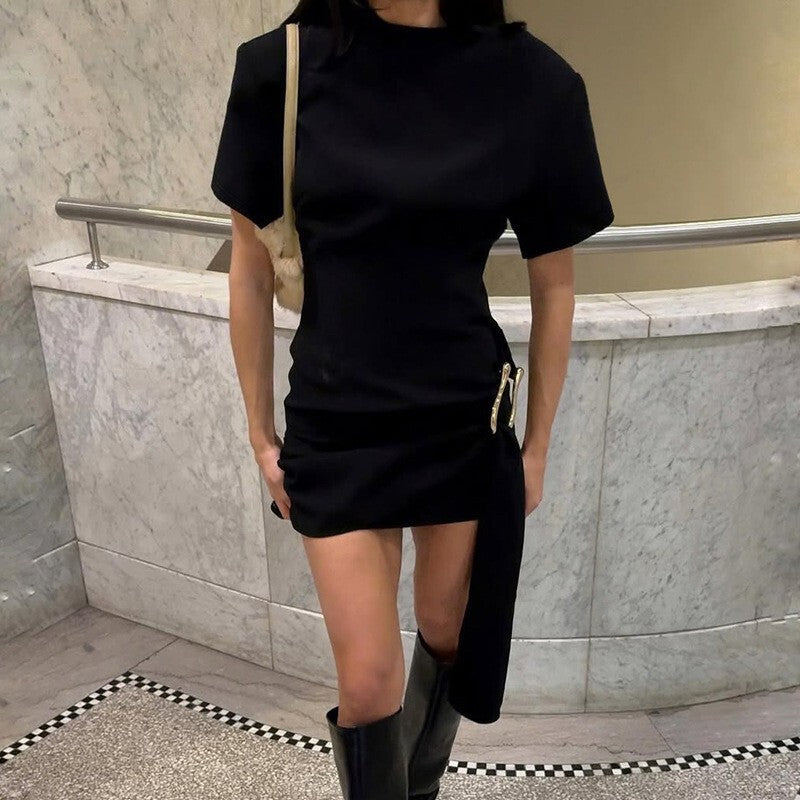 Mozision Short Sleeve Draped Sexy Mini Dress For Women Black Metal Buckle O Neck