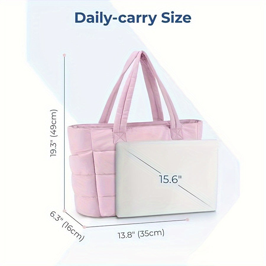 Quilted Large Capacity Tote Bag for Women Durable Fabric with Zipper Closure & Wrist Strap, Spacious Gym Beach Work Travel Bag