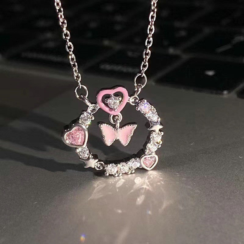 Colar de Coração de Zircônia Rosa Planeta da Moda Colar de Corrente de Clavícula Estética Feminina Presente de Dia dos Namorados Joias de Festa