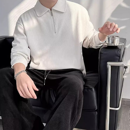 Autumn Vintage Polo Collar Sweater Men's Thickened Loose-Fit Half Zipper Knitwear New Anti-Pilling Flip Pullover Knit Sweaters