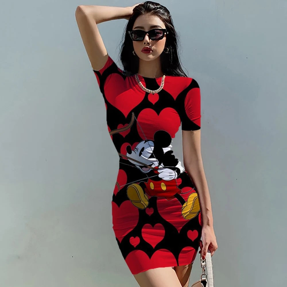 Women's Dress Casual Disney Cartoon Fashion Print Mickey 3XL Elegant Dresses for Women 2024 Top Sexy Slim Fit Minnie Mouse Tight