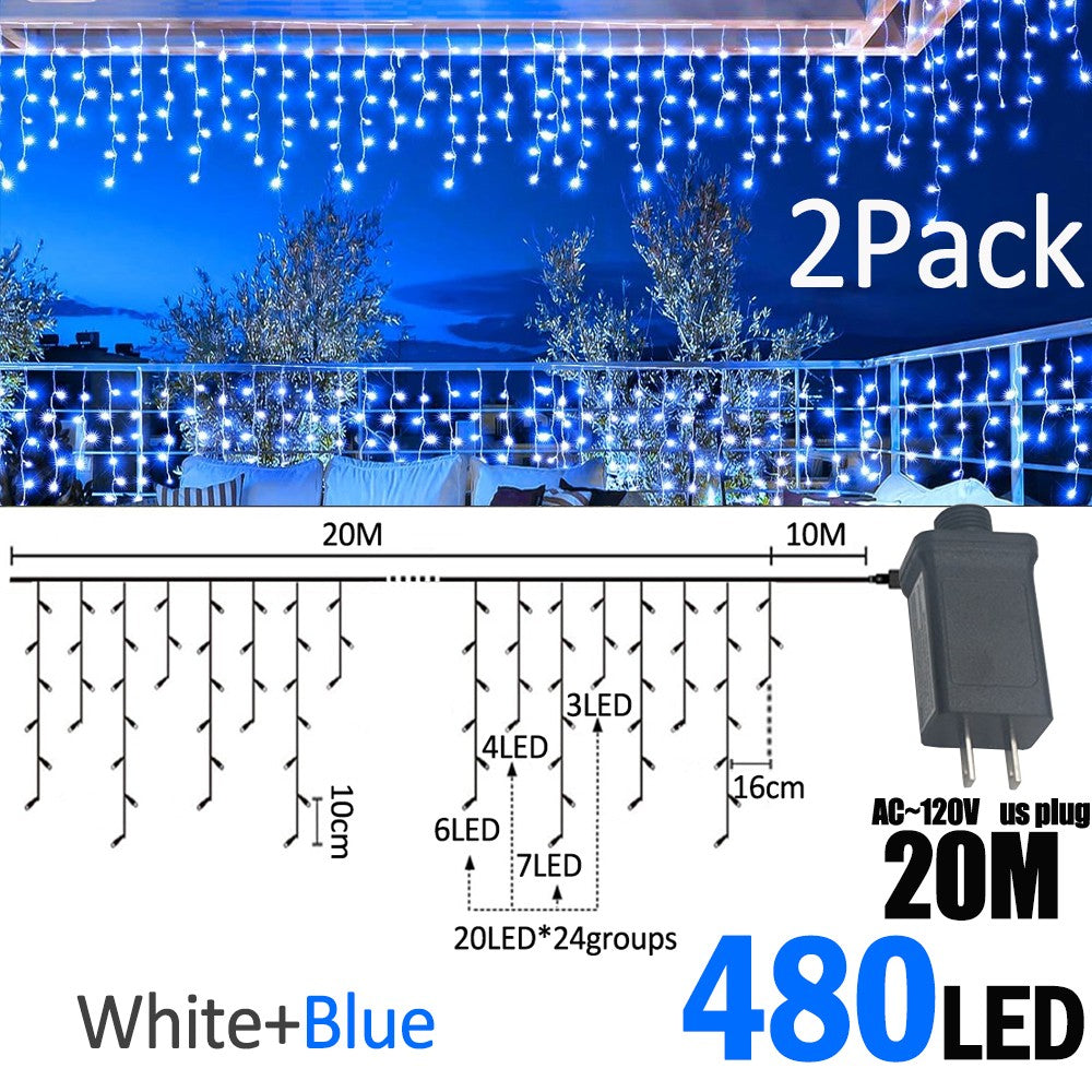 LED Christmas Icicle Curtain String Lights 20M+10M 480LED Extens 8Modes, Plug in Waterproof for Wedding Party Home Garden