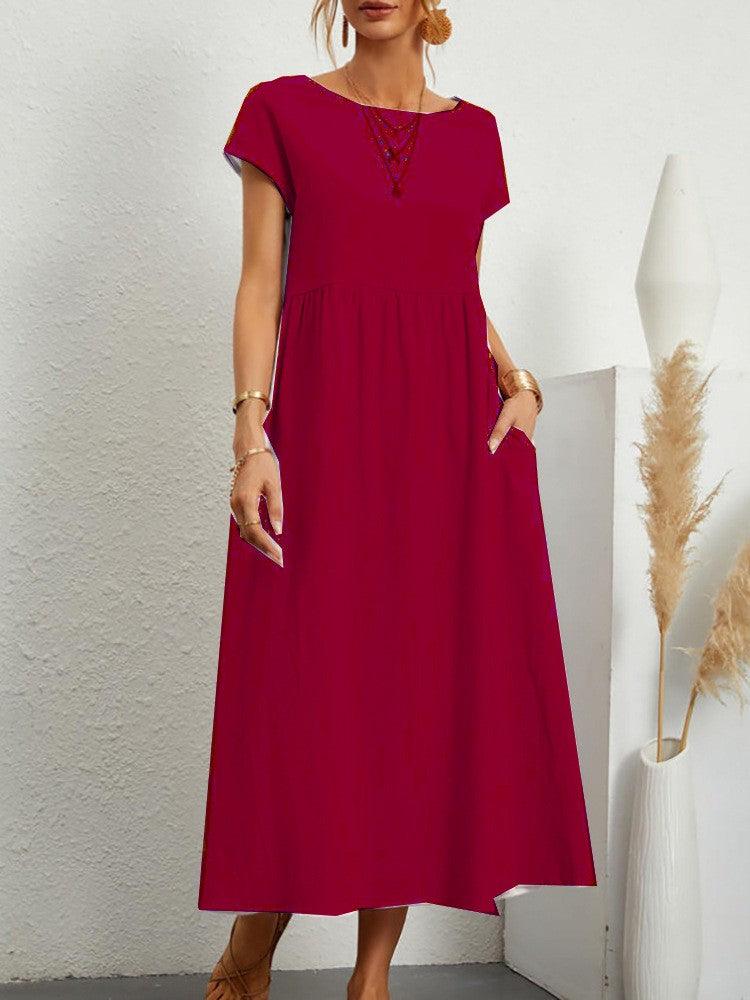 Women Vintage Solid Dress 2023 Summer Elegant O Neck Short Sleeve Cotton Linen D