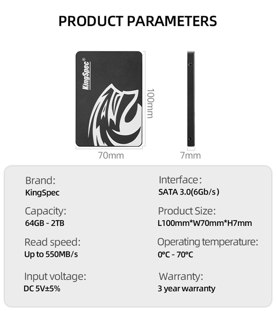 KingSpec SSD SATA 2.5" 128GB 256GB 512GB 1TB NGFF SATA 3.0 Unidade de Estado Sólido Interna para Desktop Notebook
