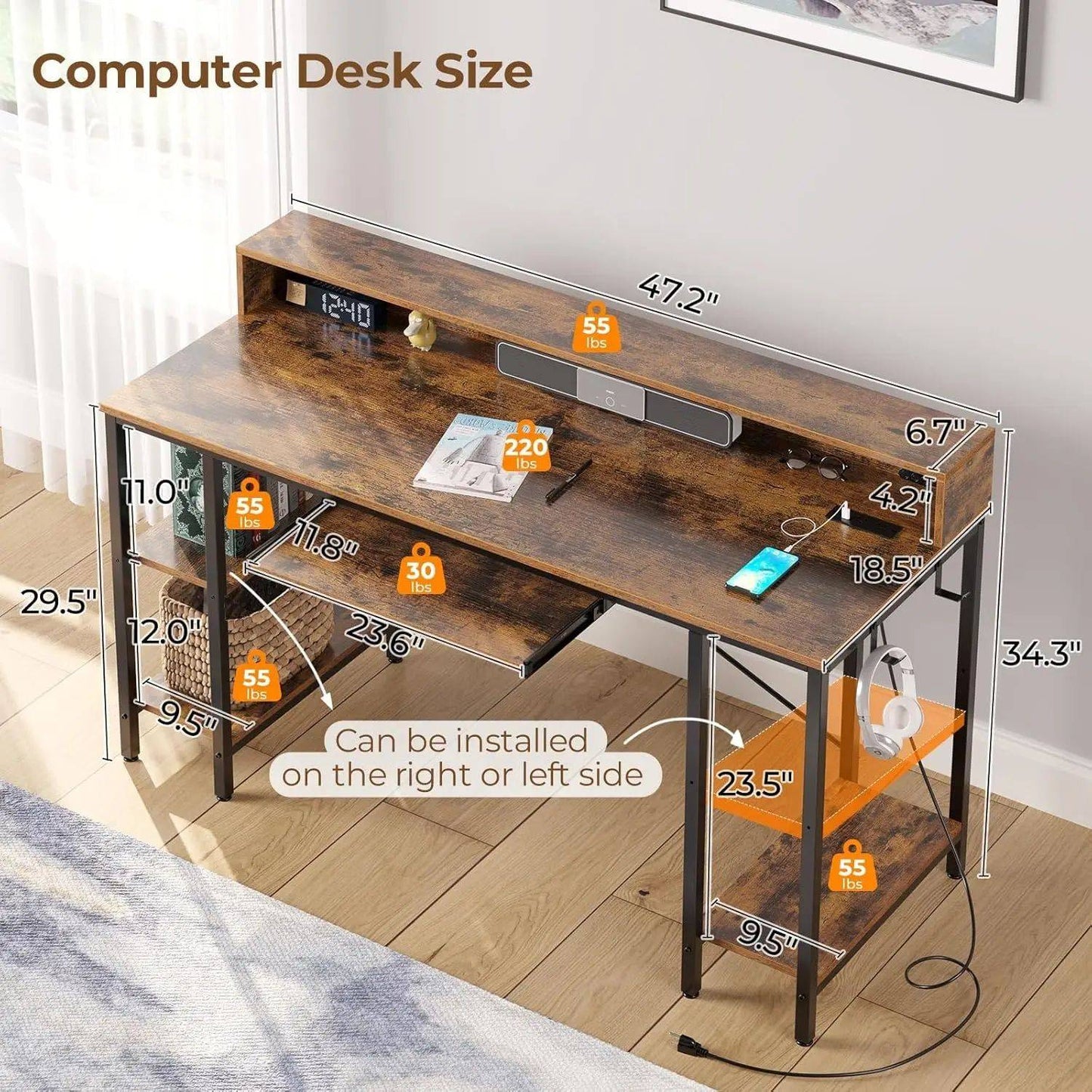 Gaming Desk with Storage Shelves, Home Office Desk with Keyboard Tray Computer Desk 47 inch with LED Lights & Power Outlets