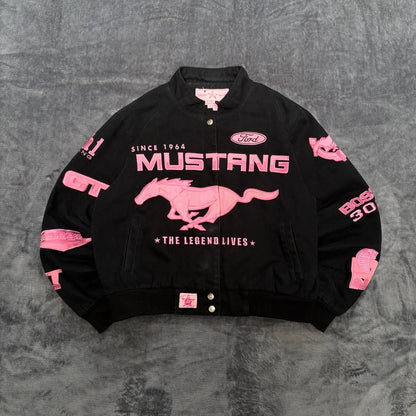 American Popular Simple Pink Horse Pattern Car Jacket for Women's Autumn and Winter Fashion Street Harajuku Y2K Bomber Jacket