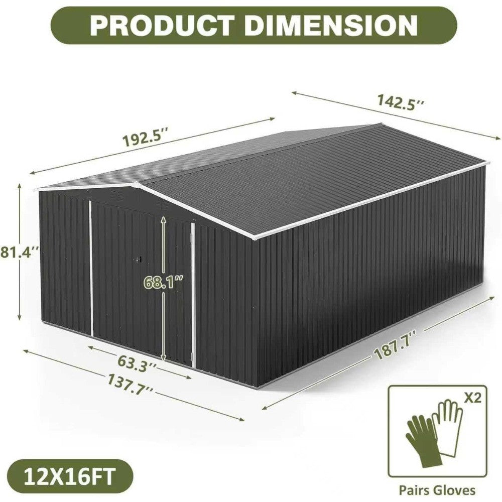 12x16 FT Outdoor Storage Shed, Garden Shed with Updated Frame Structure and Lockable Doors, Metal Tool Sheds for Backyard Garden