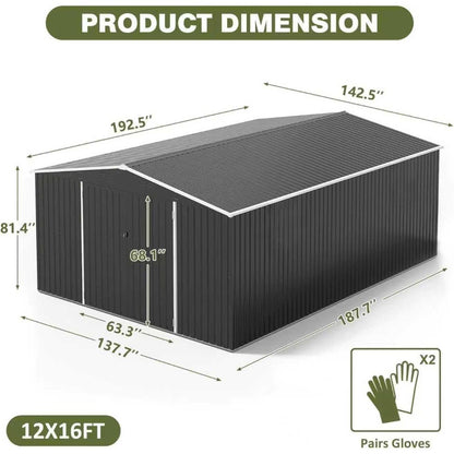 12x16 FT Outdoor Storage Shed, Garden Shed with Updated Frame Structure and Lockable Doors, Metal Tool Sheds for Backyard Garden