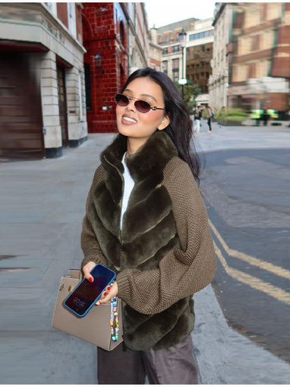 Vintage Faux Fur patchwork Jacket For Women Fashion Design Sense Long Sleeves Casual Coat 2025 Autumn Winter Female Streetwear