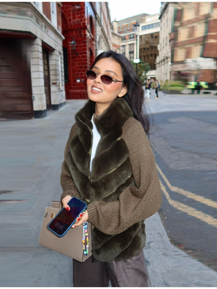 Vintage Faux Fur patchwork Jacket For Women Fashion Design Sense Long Sleeves Casual Coat 2025 Autumn Winter Female Streetwear