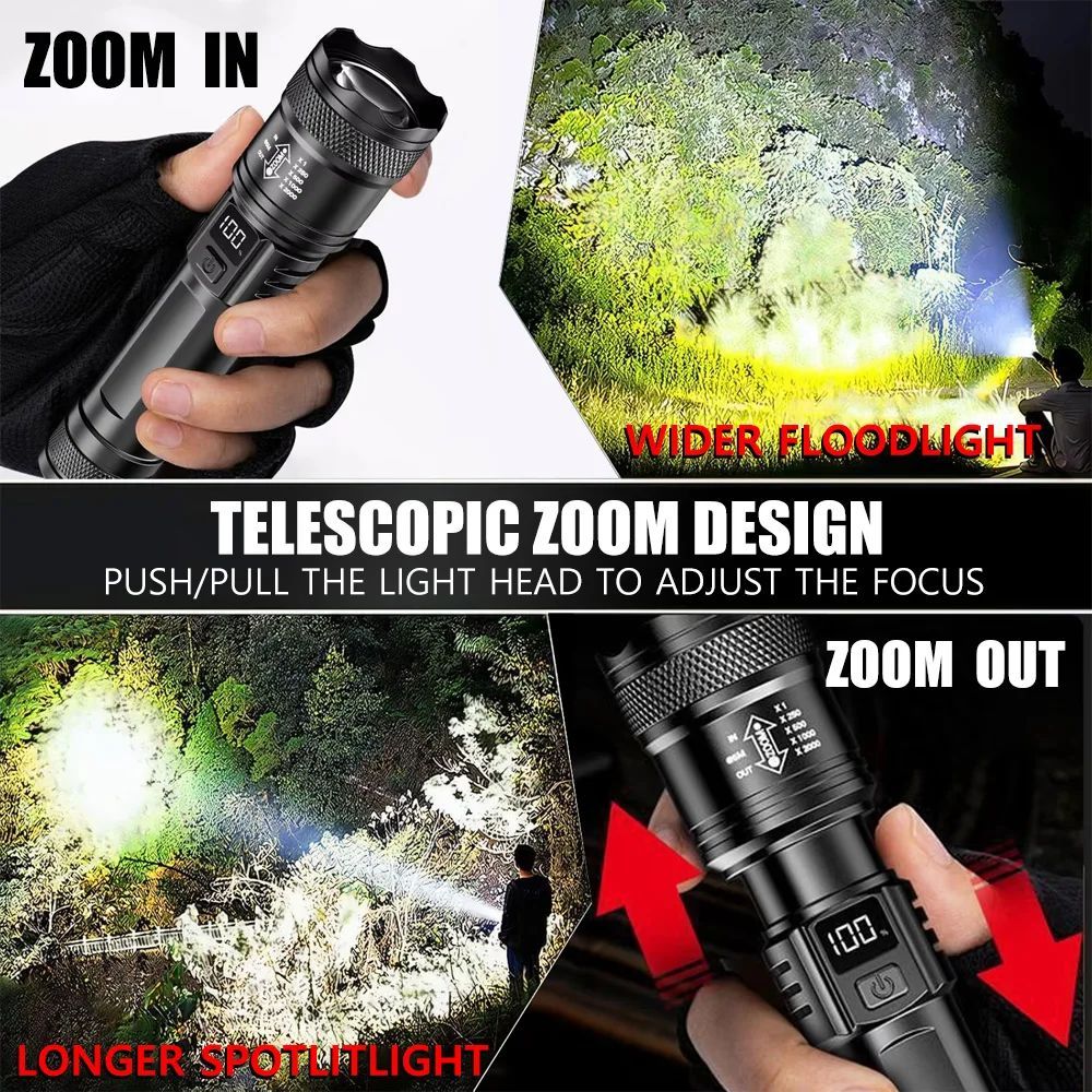 Portable Strong Light LED Flashlight Rechargeable Telescopic Zoom Torch Safety Emergency Light for Outdoor Camping Cycling Lamp