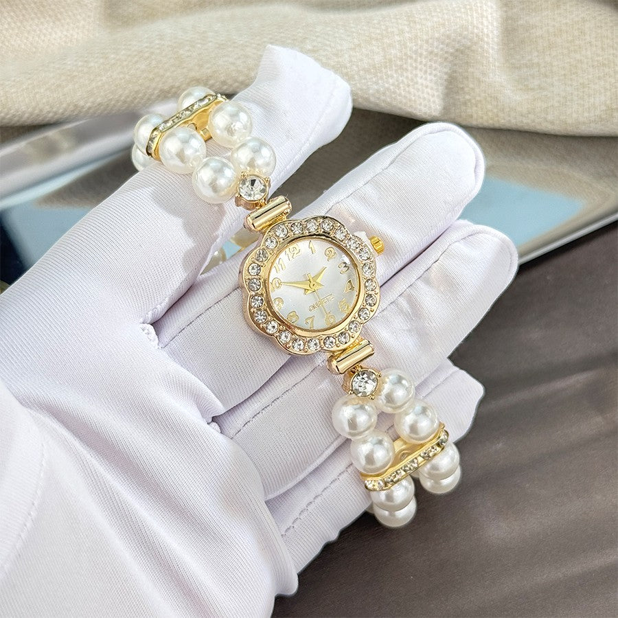 New ladies' double-row pearl diamond-encrusted elastic strap Arabic digital dial simple light luxury fashionable quartz watch